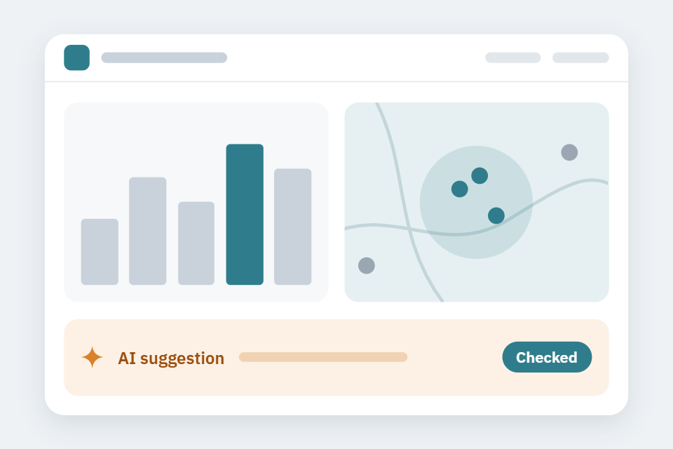 A new system&rsquo;s dashboard with a chart, map and a checked AI suggestion