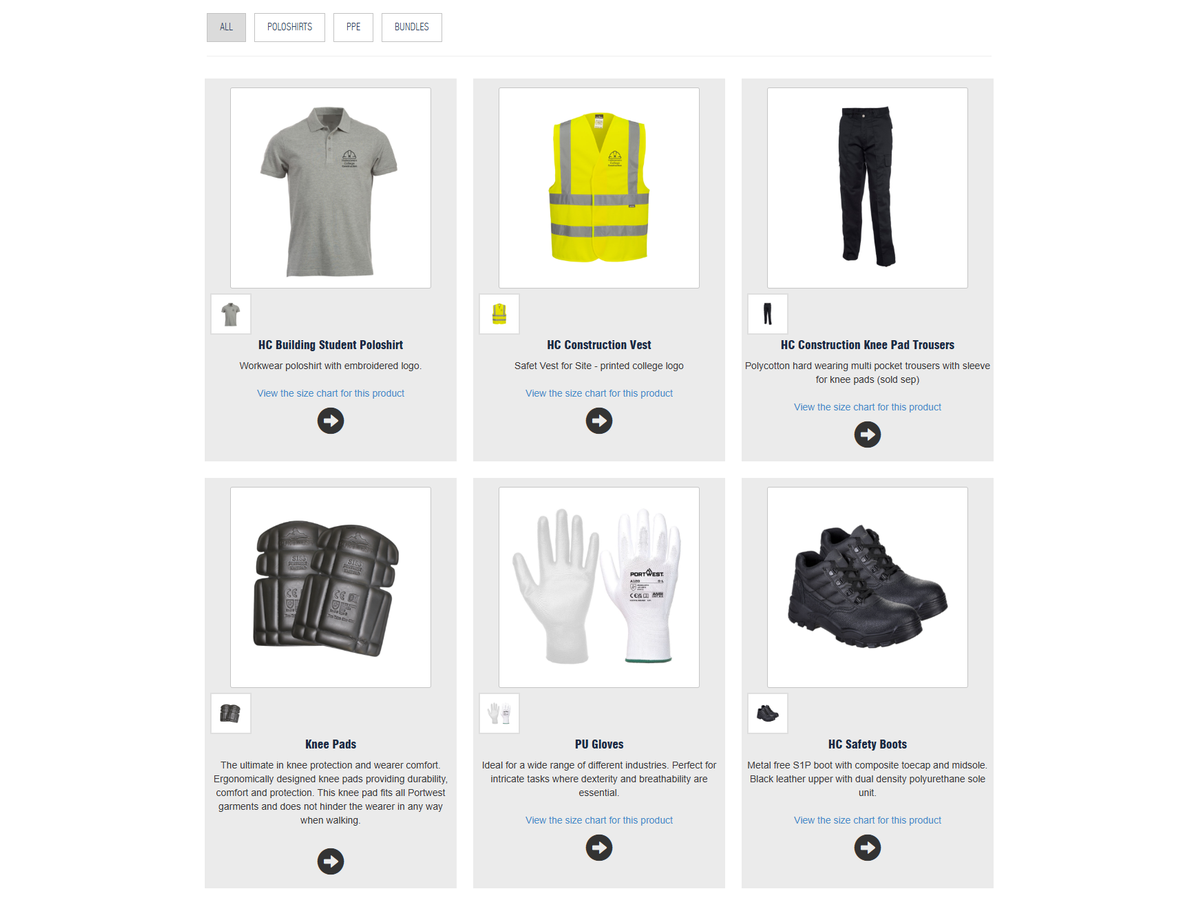 The catalogue in a college's ACE shop: branded polo shirts, high-visibility vests, trousers, knee pads, gloves and safety boots for construction students