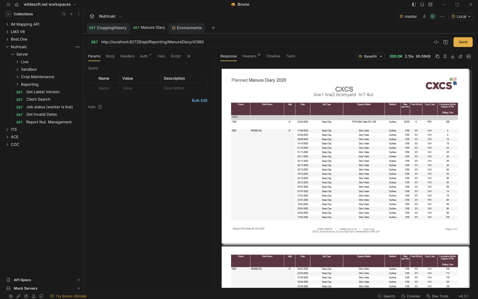 Bruno, an API testing tool, with a collection of requests for each system and the Nutricalc API returning a planned manure diary report as a PDF