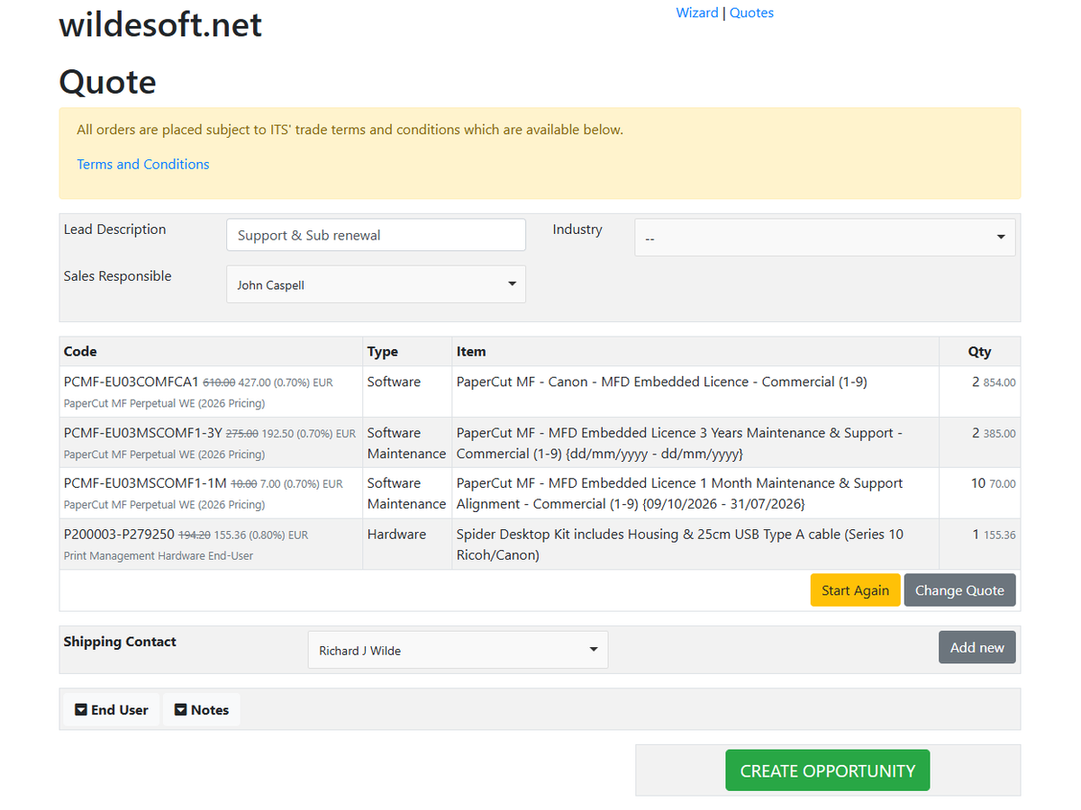 A finished quote in the iTS reseller portal, priced in euros with the reseller's discount applied to PaperCut licences, maintenance and a card reader kit