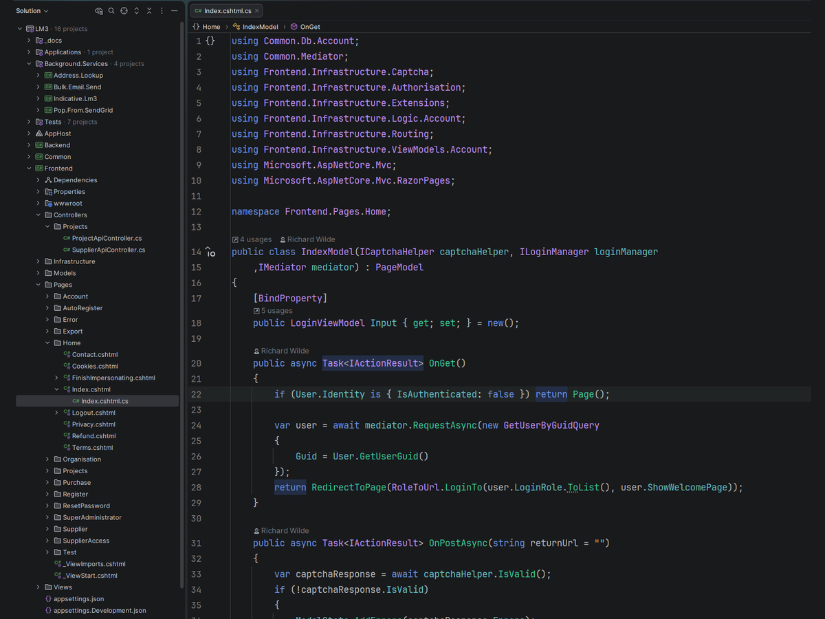 The LM3 solution open in Rider: 16 projects including the website, background services for address lookup, bulk email, indicative LM3 and SendGrid events, seven test projects and an Aspire app host, with a Razor Page's C# in the editor