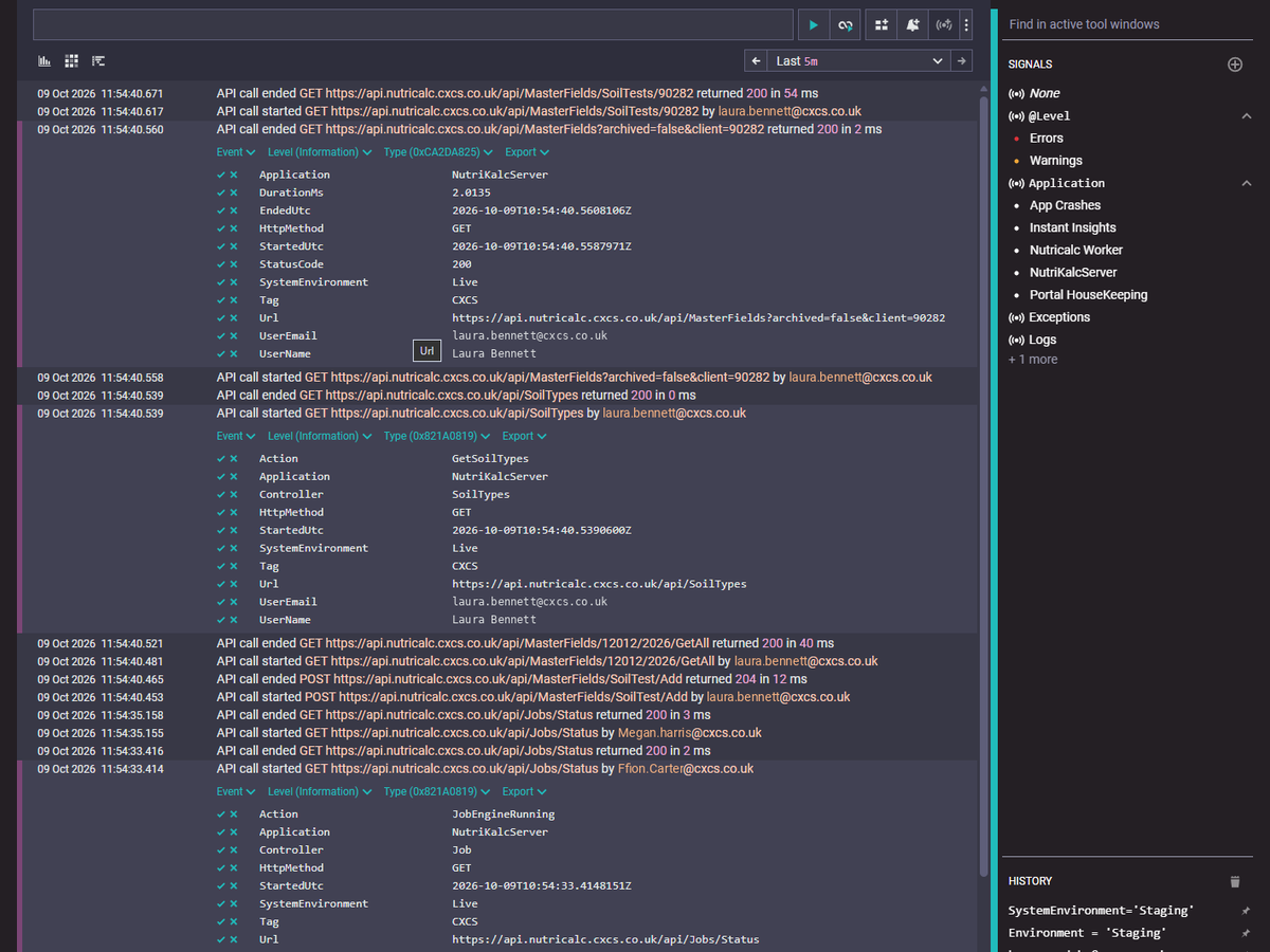 Central logging for Nutricalc: every API call with its timing, user and result, and signals down the side for errors, warnings, app crashes and each service
